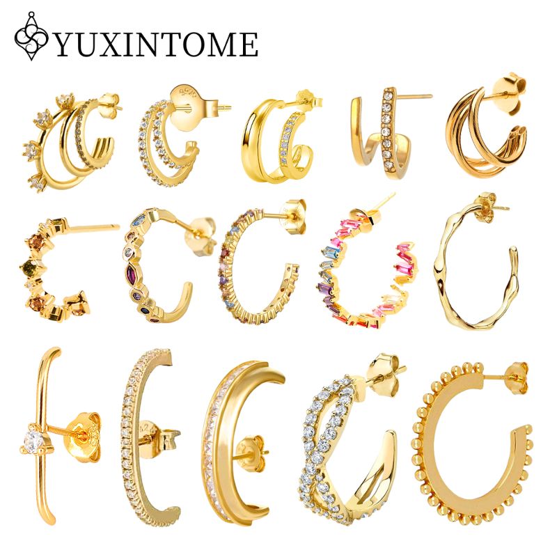 Statement Earrings Oversized - 女性 925 スターリングシルバー耳針ビッグ C フープスタッドピアス絶妙なクリスタル色のジルコンゴールドファッションパーティーハギージュエリー