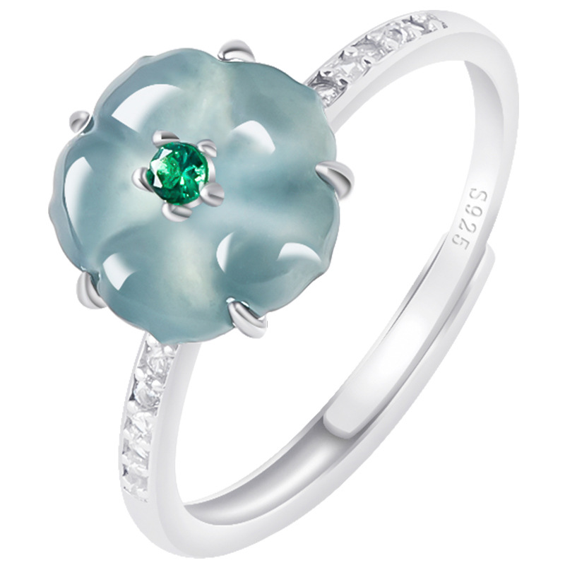 Women'S Accessories - ブルービルマ翡翠フラワーリング 925 シルバー天然ビルマ翡翠高級お守りファッションアクセサリー女性へのギフト