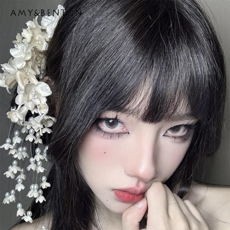 Pearl Hair Pin - 25COSE エレガントな気質フラワーフリンジヘアピン森ガール甘いビーズパールスプライシングペンダントヘアクリッププリンセスヘアアクセサリー
