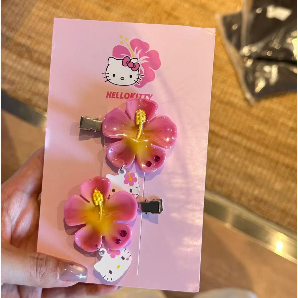 Women Knight Accessories - かわいいサンリオハローキティフラワーヘアクリップセットピンクハイビスカスヘアピン甘い夏のヘアアクセサリー女性女の子用