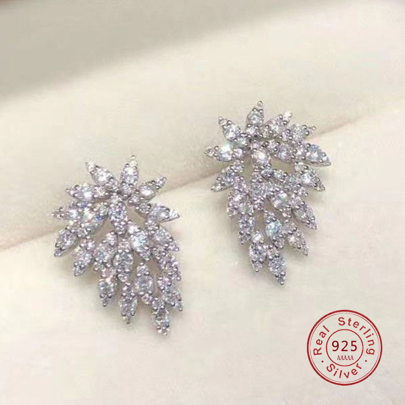Statement Earrings Oversized - ラインストーン 925 スターリングシルバーステートメントイヤリング 2021 幾何学的なビッグリーフフェザースタッドピアス女性のためのクリスタルウェディングギフト