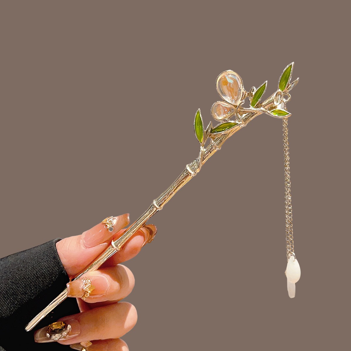 Pearl Hair Pin - 緑の竹タッセルヘアスティック漢服古代風フラワーパールヘアピンヴィンテージウェディングチャイナドレス装飾ヘアクリップ
