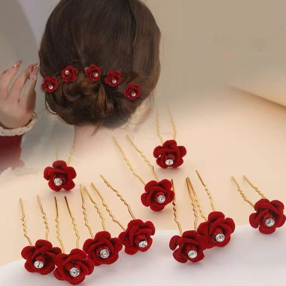 Women'S Red Accessories - 10 個ローズヘアアクセサリー結婚式の花嫁のヘアピン花のヘアクリップレッドベルベットクリップ女性のためのエレガントなピンダイヤモンドバレッタ