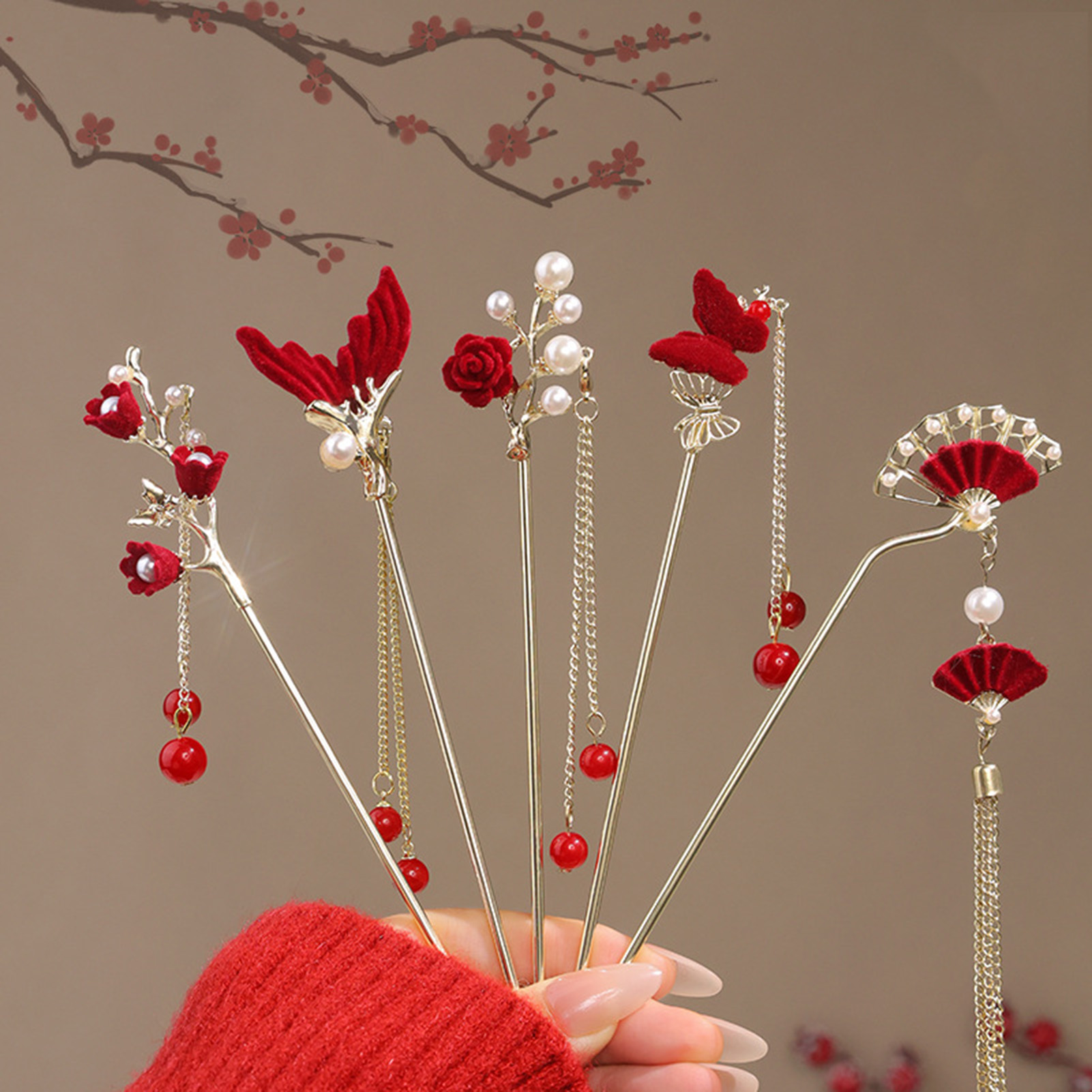 Women'S Red Accessories - 中国風のバラの花のヘアスティックヘアピン女性のための赤い花のヘアコーム手作り金属合金帽子女の子ヘアアクセサリー
