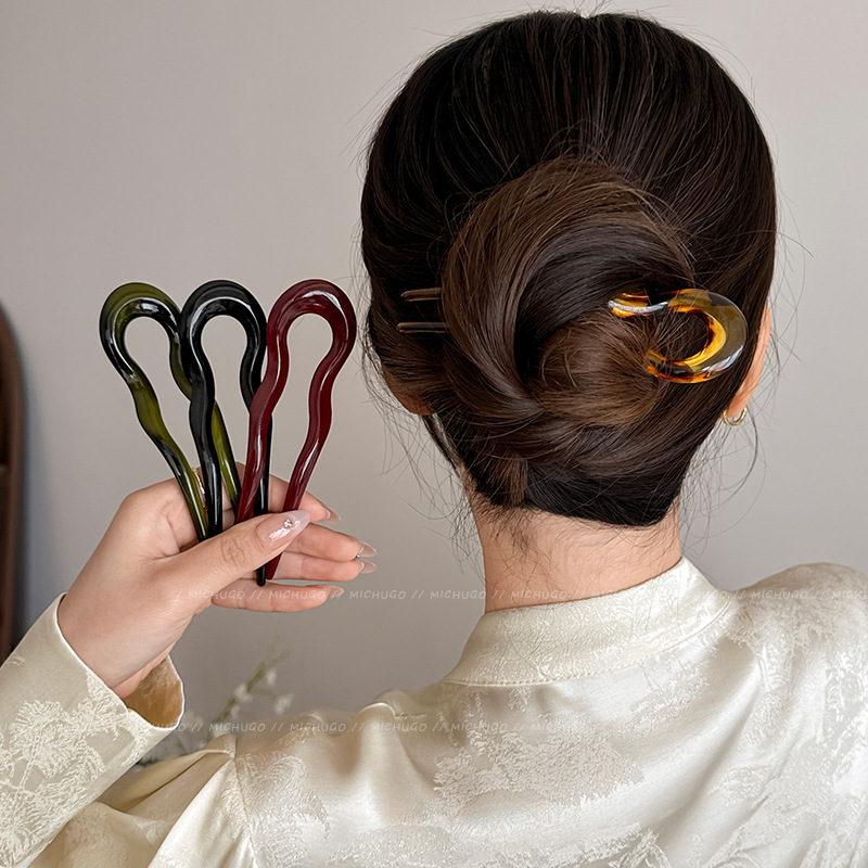 Women Knight Accessories - 2026年 U字型ヘアフォーク ファッション べっ甲柄アセテートヘアピン 幾何学模様ヘアアクセサリー ヘアスティック