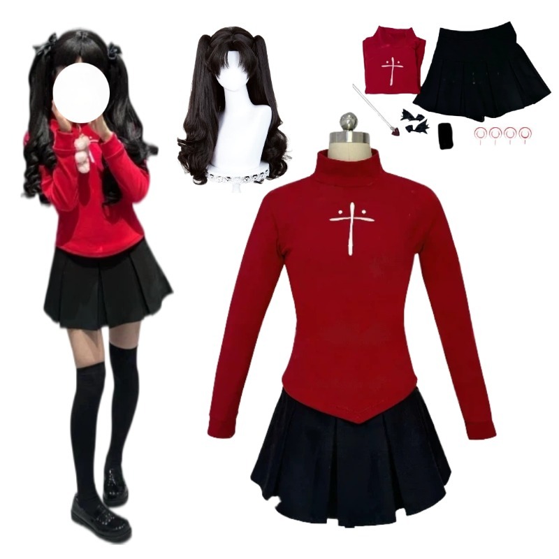 Women'S Red Accessories - アニメ遠坂凛コスプレ衣装レッドトップ黒スカートアクセサリースーツ女性のためのハロウィンカーニバルパーティーロールプレイ衣装