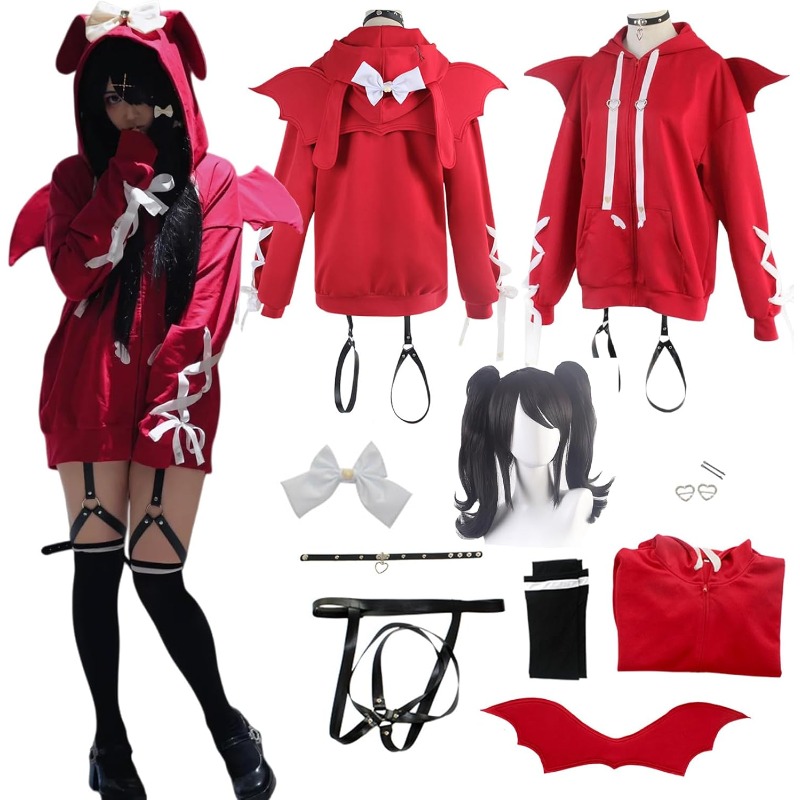 Women'S Red Accessories - ゲームレインアメコスチュームアンカーガールズコスプレレッドフード付きパーカー悪魔の翼アクセサリー付きフルセット女性用テーマパーティー