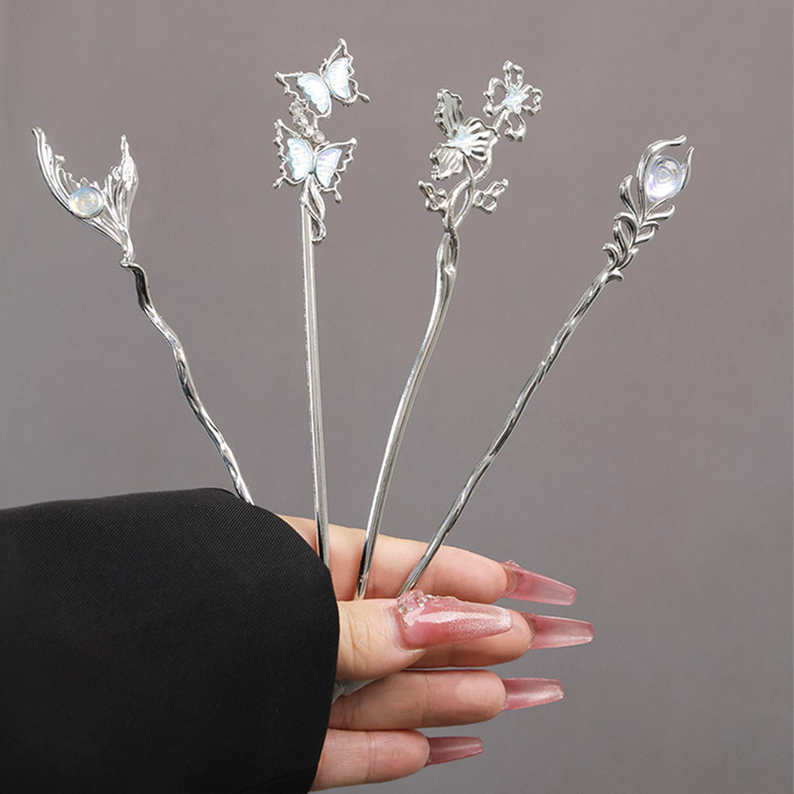 シルバーカラー合金ヘアスティックフォーク花蝶デザイン新中国風 - Pearl Hair Pin のレビューと価格