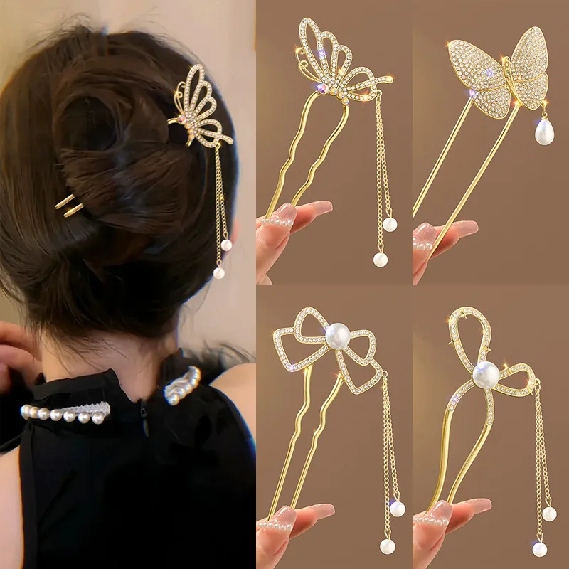 アンティーク調パールラインストーン高級U字型タッセルヘアピン - Pearl Hair Pin のレビューと価格