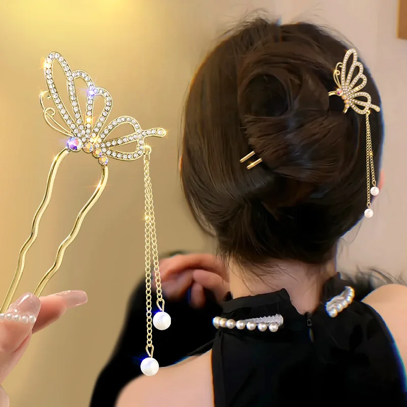アンティーク調パールラインストーン高級U字型タッセルヘアピン - Pearl Hair Pin のレビューと価格