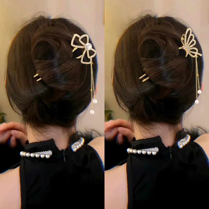 アンティーク調パールラインストーン高級U字型タッセルヘアピン - Pearl Hair Pin のレビューと価格