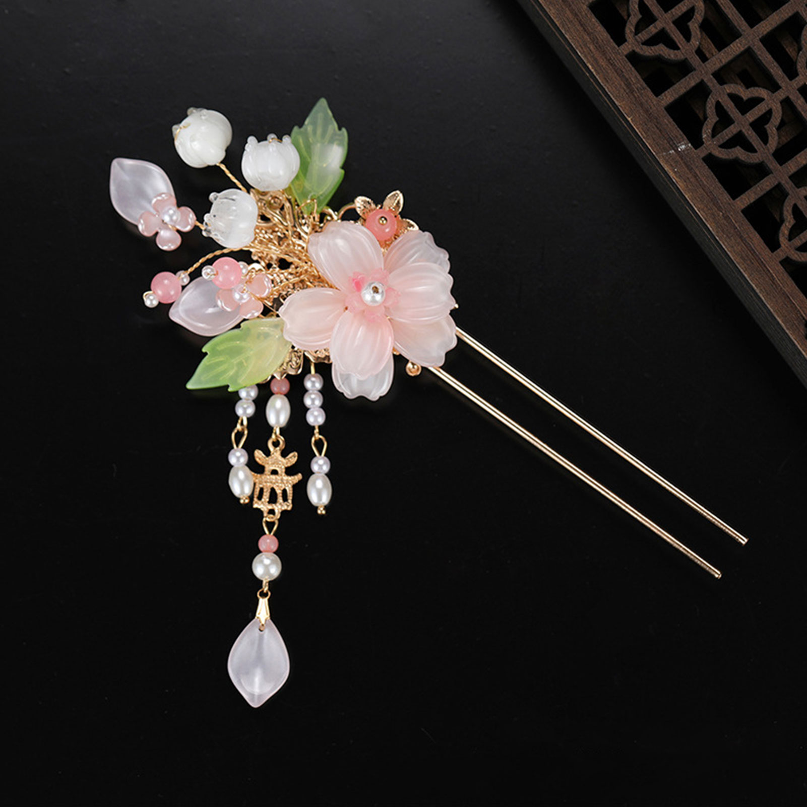 エレガントなピンクの花のヘアピンレトロ中国風 U 字型ヘアス - Pearl Hair Pin のレビューと価格