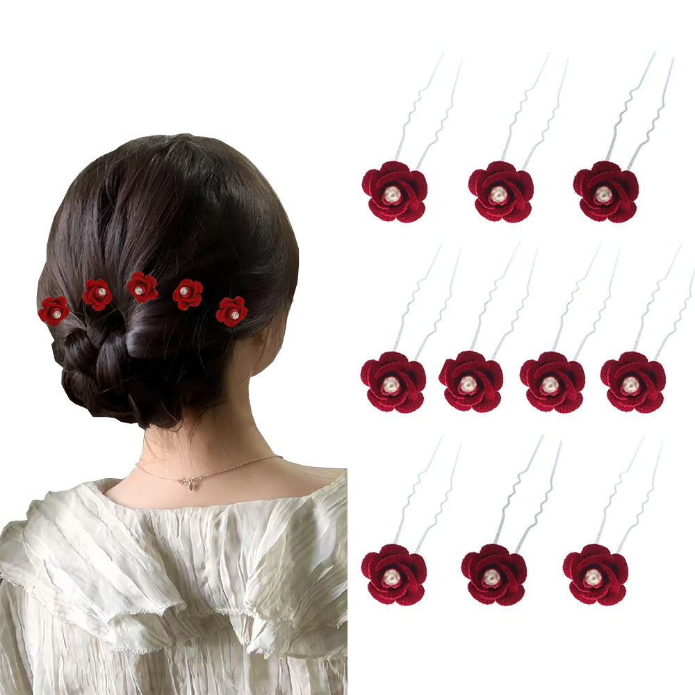 10 個ローズヘアアクセサリー結婚式の花嫁のヘアピン花のヘア - Women'S Red Accessories のレビューと価格