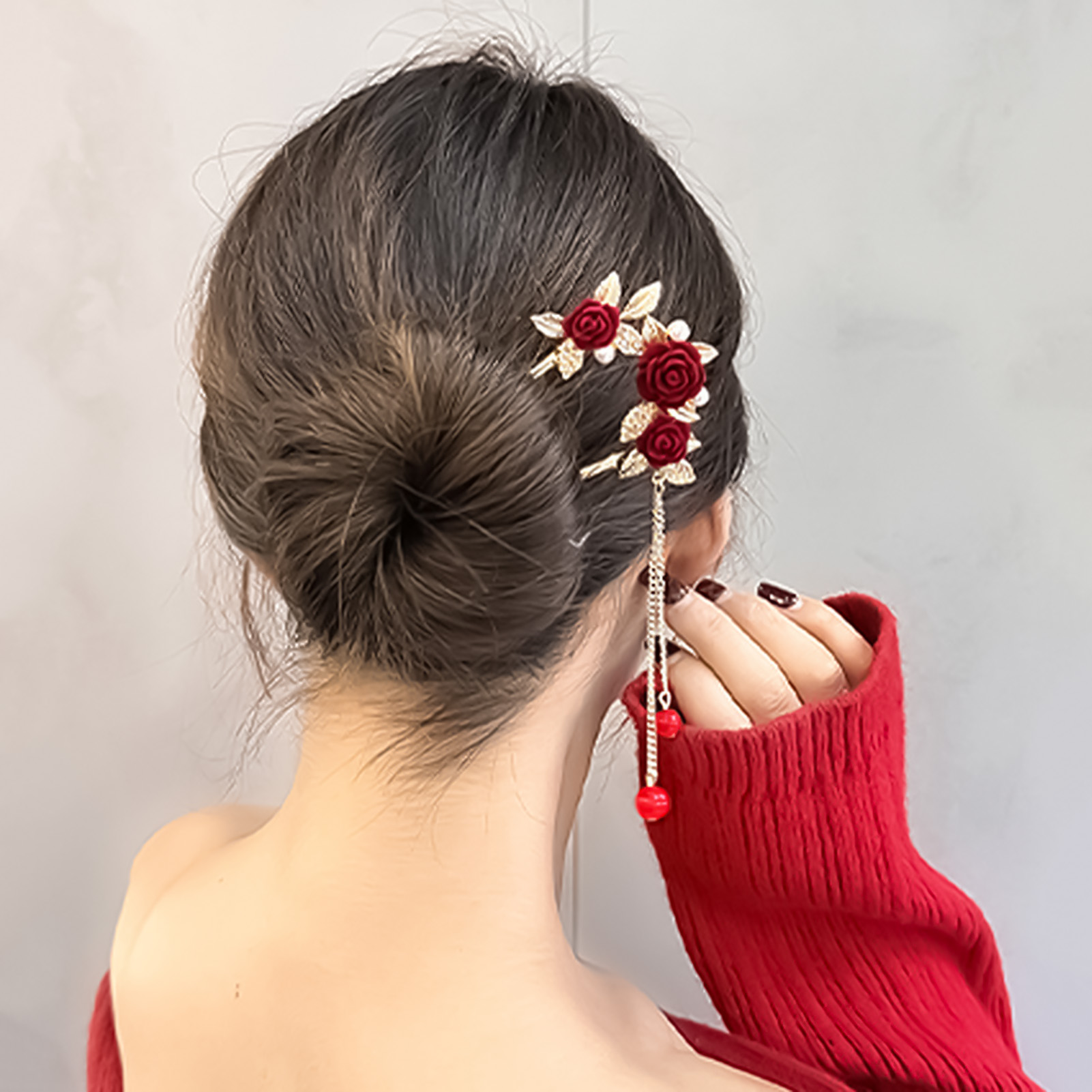 中国風のバラの花のヘアスティックヘアピン女性のための赤い花の - Women'S Red Accessories のレビューと価格