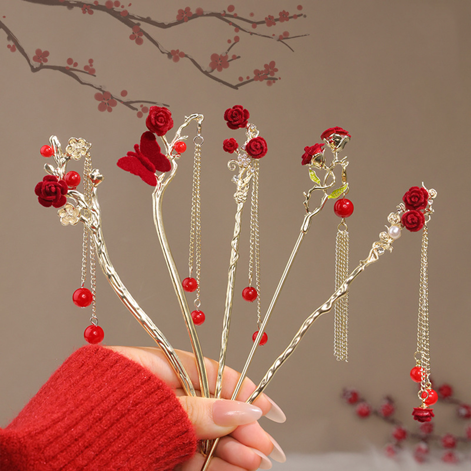 中国風のバラの花のヘアスティックヘアピン女性のための赤い花の - Women'S Red Accessories のレビューと価格
