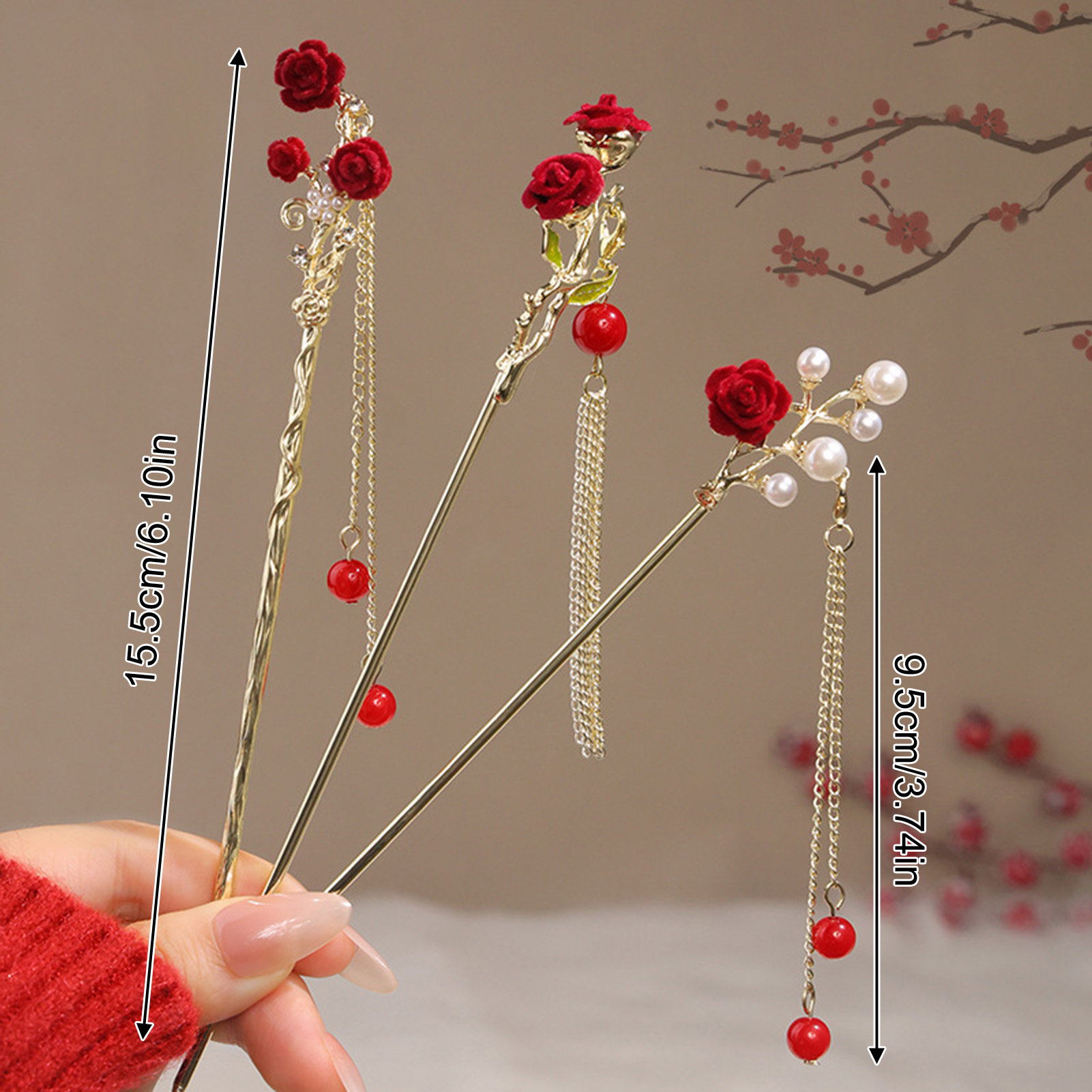 中国風のバラの花のヘアスティックヘアピン女性のための赤い花の - Women'S Red Accessories のレビューと価格