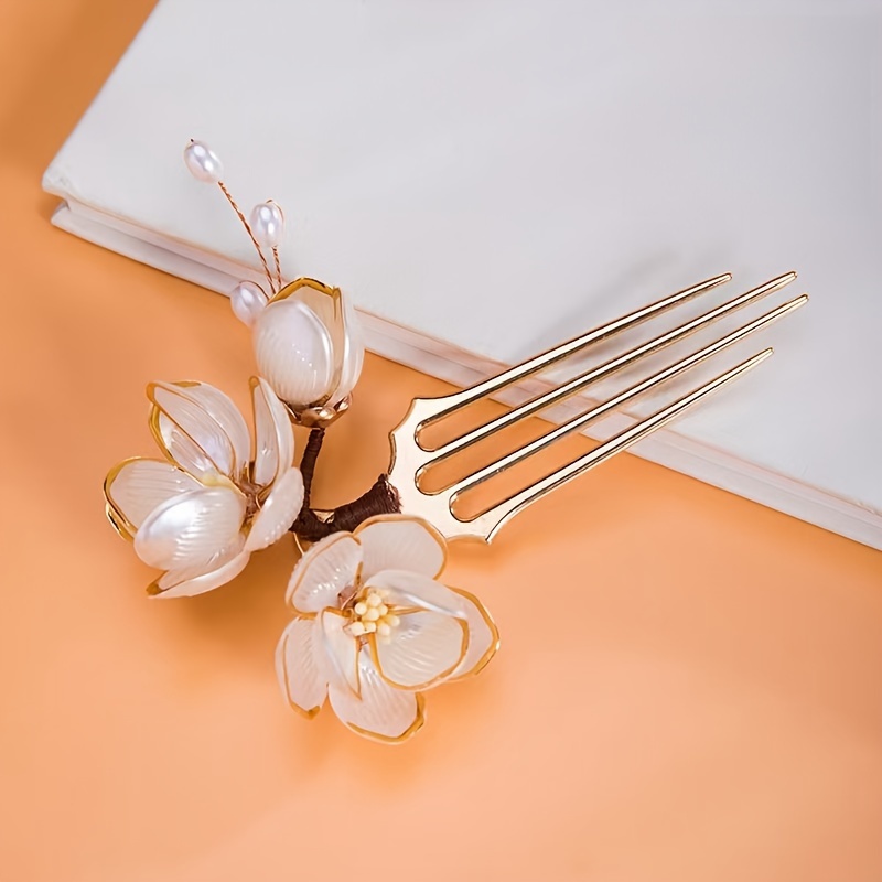 中国風シェルマグノリアフラワーヘアコーム、パールタッセル付き - Women Accessories Photos のレビューと価格